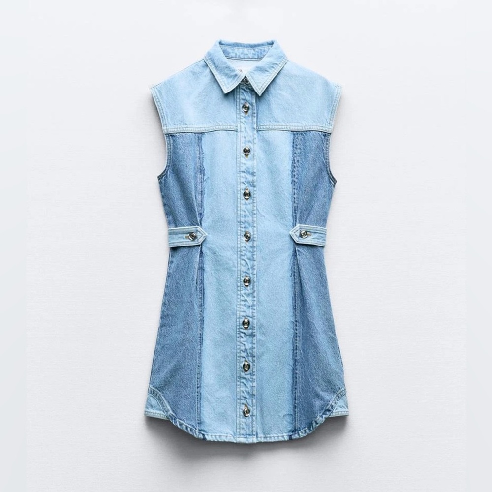 Zara Light Blue Patchwork Mini Denim Dress